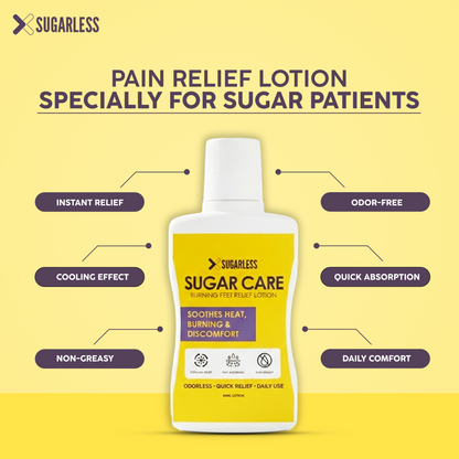 Sugarless pain relief lotion for sugar patients with features listed on a yellow background